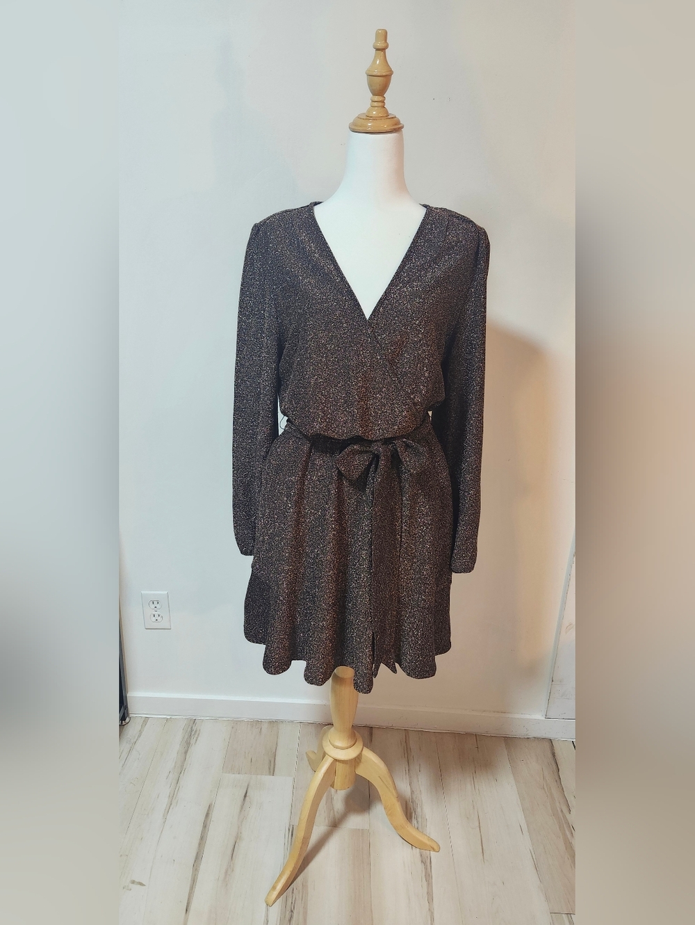 Devoted Sparkle Long Sleeve Tie-Waist V-Neck Mini Dress - Brown/Gold - Picture 9 of 10